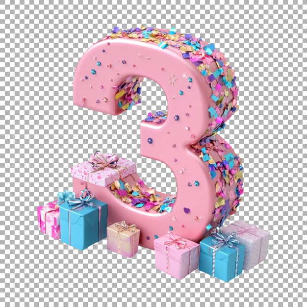 3D Rendering of a alphabet number 3 made with Birthday concept gift boxes on Transparent Background