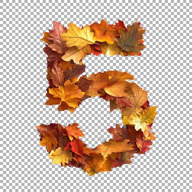 3d rendering of a alphabet number 5 made with autumn leaves on transparent background