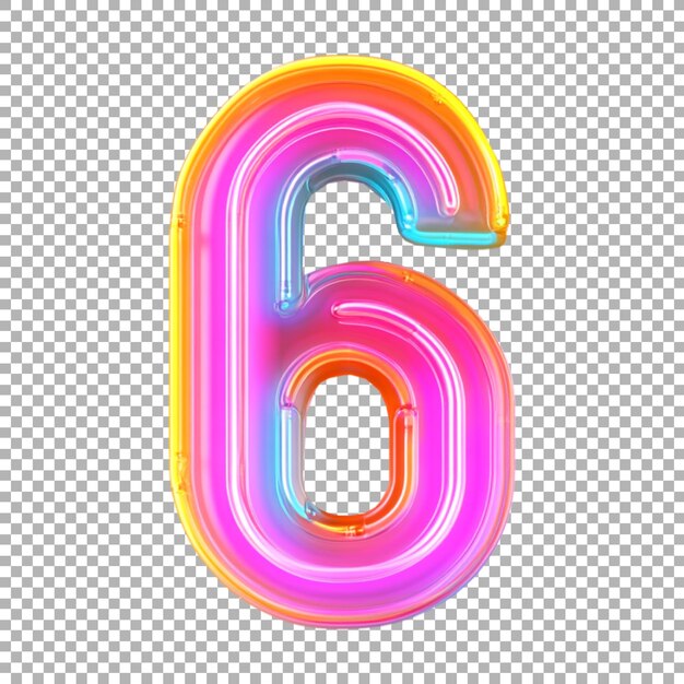 3D レンダリング アルファベットの数字 6 透明な背景にカラフルなネオンライトで作られた