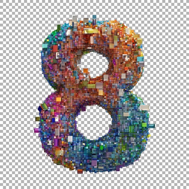 3d rendering of a alphabet number 8 made with pixel font on transparent background