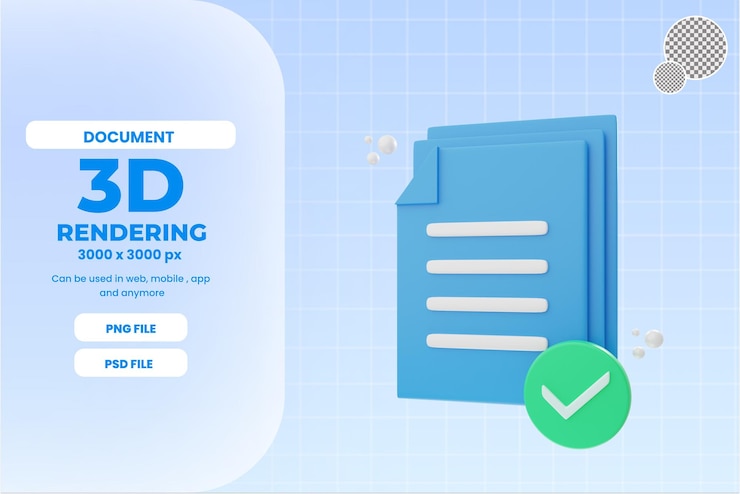 PSD 3d 렌더링 승인 문서 아이콘 개체 프리미엄 psd