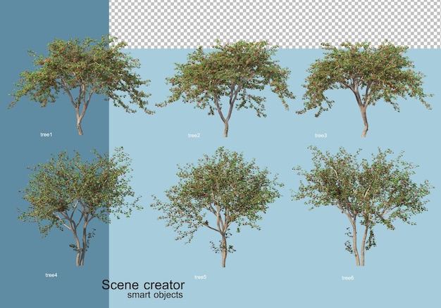 Rendering 3d di disposizione di alberi e fiori