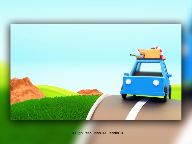 PSD 3d-rendering auto of taxi met reiselementen op weg en natuurweergave