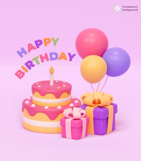 3d rendering av bursdagsbanner med kake, gaver og ballonger