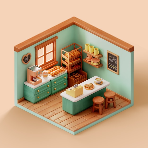 PSD 3d rendering of bakery shop