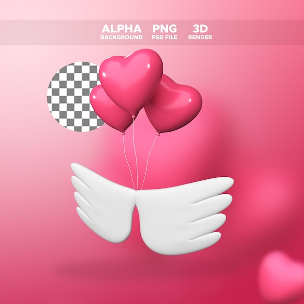 PSD 3d rendering palloncini amore e ala per design illustrazione san valentino
