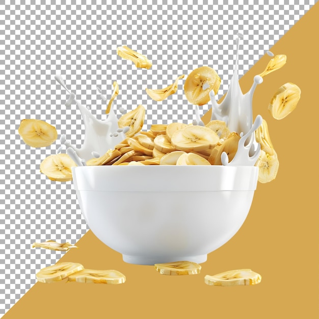 PSD 3d rendering of a banana chips in a milk bowl on transparent background ai generated