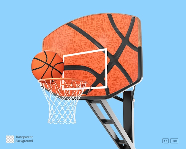 Rendering 3d palla da basket che cade in un canestro da basket