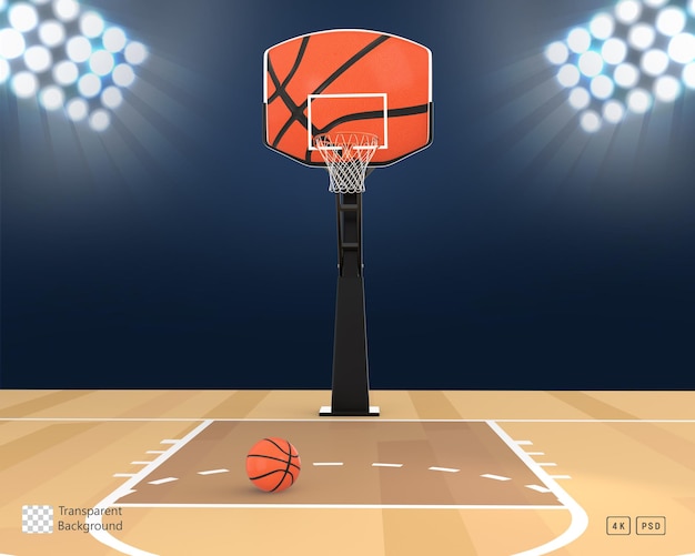 Rendering 3d campo da basket e vista frontale del cerchio