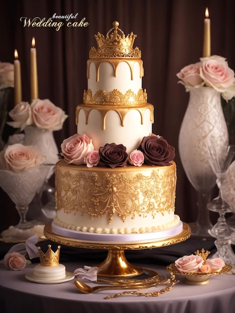 PSD 3d rendering beautiful wedding cake and candles roses icing and a gold crown on the table