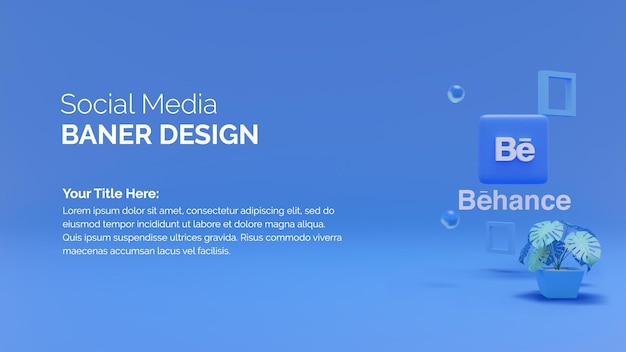 PSD 3d rendering behance icon with social media banner design on blue background