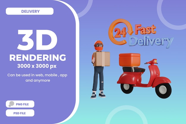 3d-rendering bezorger karakter met scooter snelle levering illustratie object premium psd