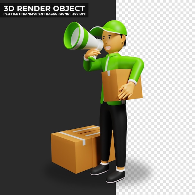 3d-rendering bezorgservice koerier met megafoon