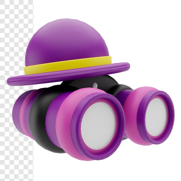 PSD 3d rendering binoculars and purple hat for exploration