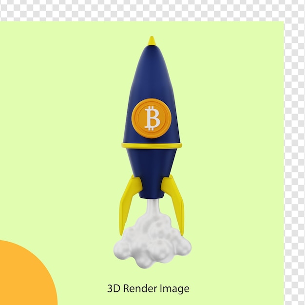 3d rendering of bitcoin crypto coin rising on a rocket