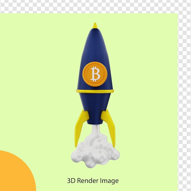 ロケットで上昇するビットコイン暗号コインの3Dレンダリング