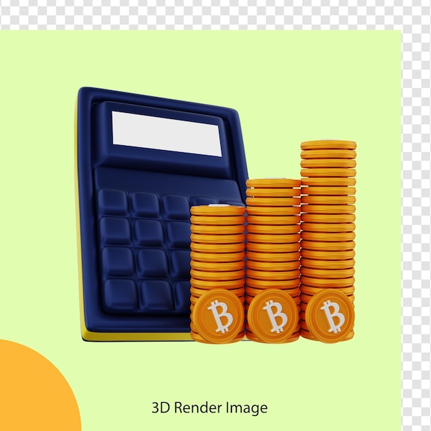 PSD 3d rendering of bitcoin crypto coin stack with calculator