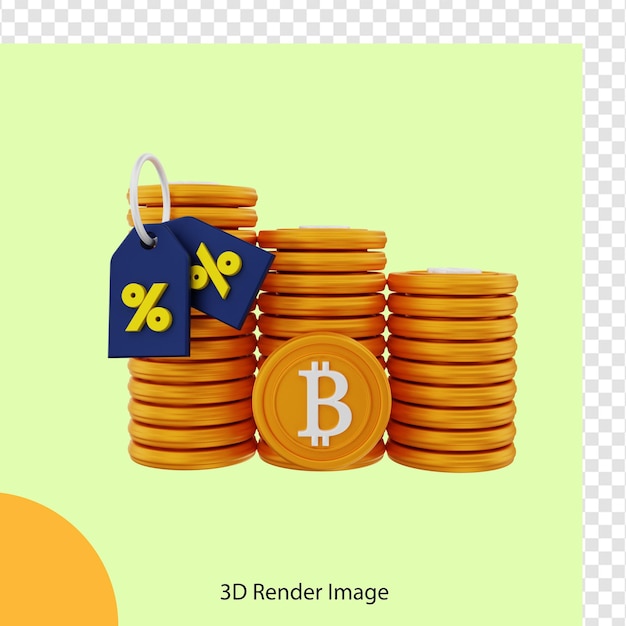 Rendering 3d di bitcoin crypto coin con sconto