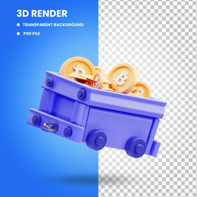 3d rendering of bitcoin icon illustration on mine cart