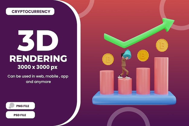 3d-rendering bitcoin opgroeien grafiekillustratie
