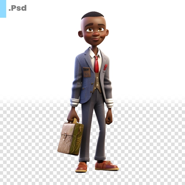 PSD 3d rendering of a black boy with a suitcase isolated on white background psd template