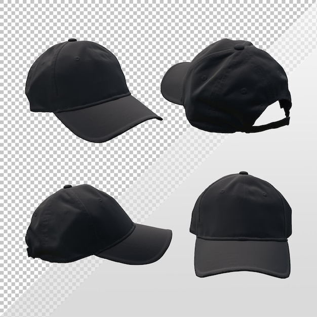 3d rendering of black cap hat template from various angles of perspective view