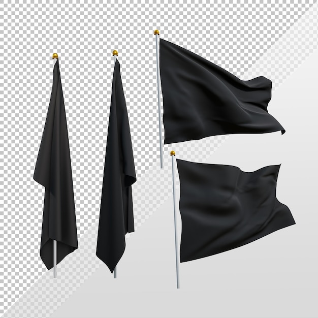 PSD 3d rendering of black flag wavin fluttering and no fluttering perspective view