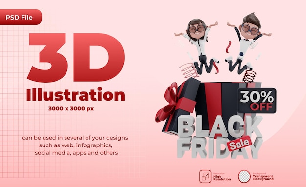 PSD rendering 3d dell'illustrazione del black freday con i personaggi