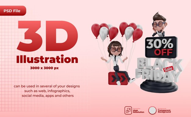 Rendering 3d dell'illustrazione del black friday con i personaggi