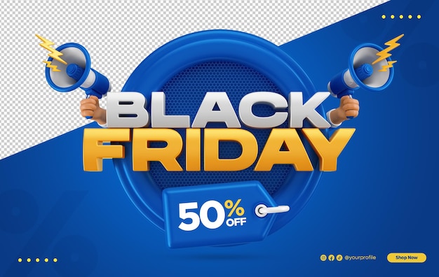 Rendering 3d dell'etichetta del black friday con sconti fino al 50%.