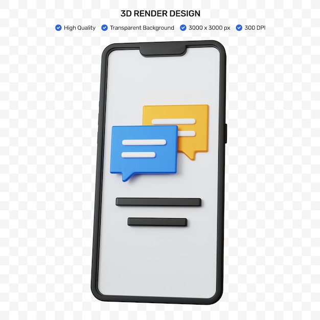 青と黄色のメッセージアイコン記号が分離された3dレンダリング黒のスマートフォン