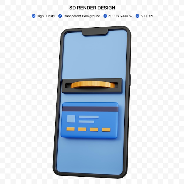 PSD 3d rendering smartphone nero con carta di credito e moneta isolata