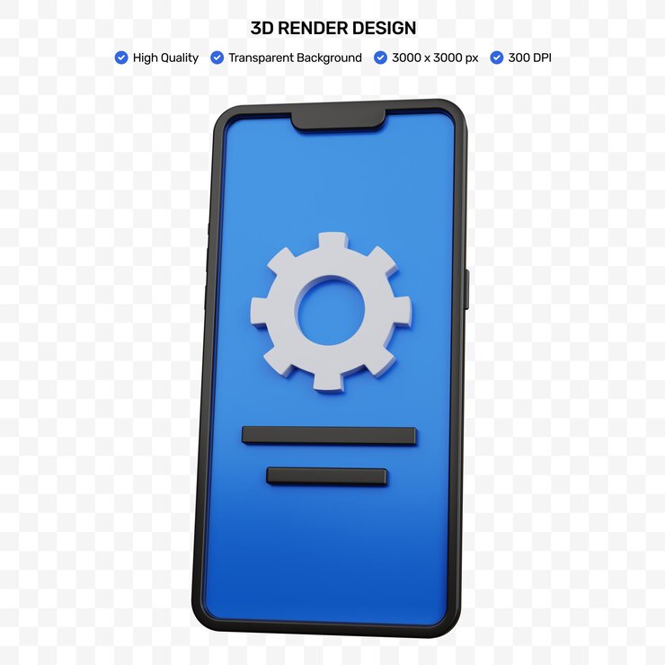 3d rendering black smartphone with one blue gear icon isolated