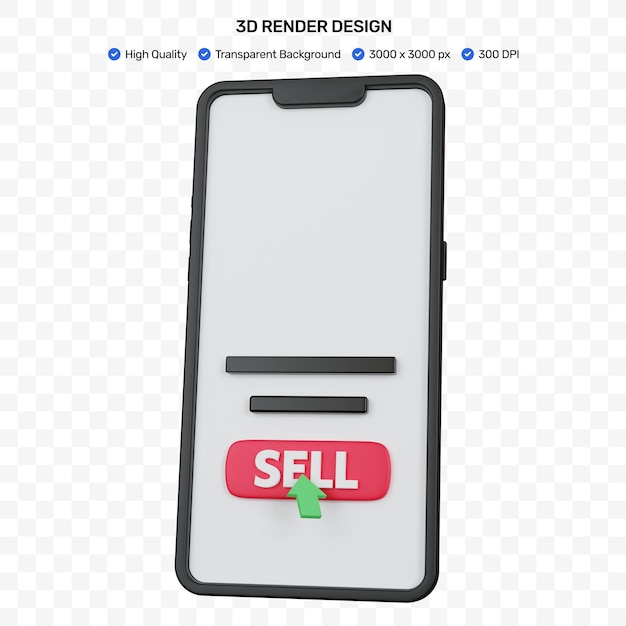 PSD 3d rendering black smartphone with red sell icon button isolated