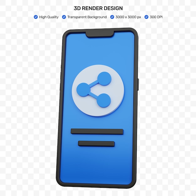 3D-рендеринг черного смартфона с изолированным значком "Поделиться"