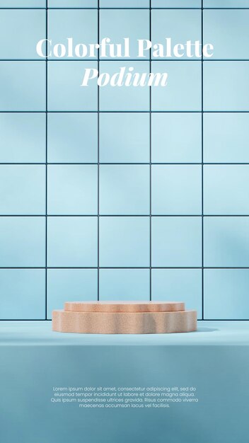 PSD 3d rendering blank mockup marrone terrazzo podio in ritratto parete piastrellata blu chiaro