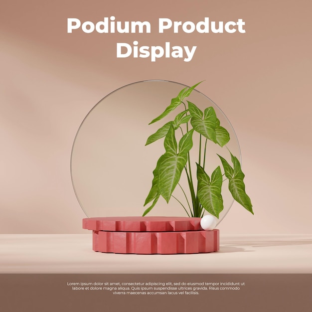 3d rendering blank mockup red color curved cylinder podium in square curtain and glass circle