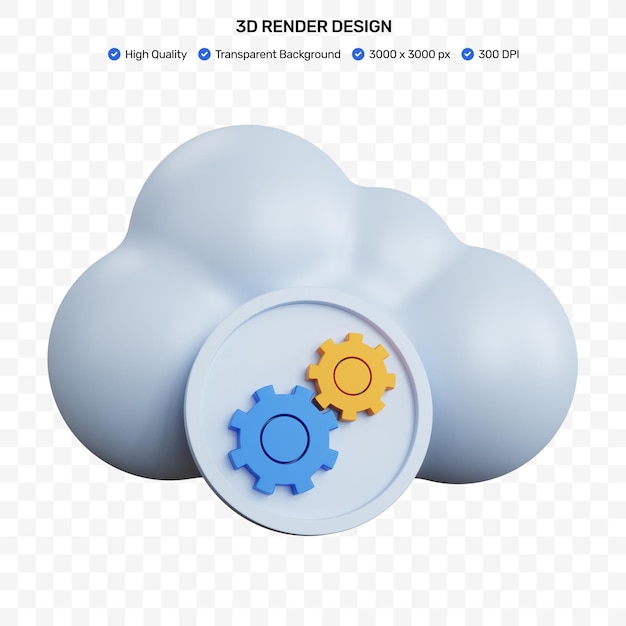 Rendering 3d nuvola blu con icona delle impostazioni blu e gialla isolata