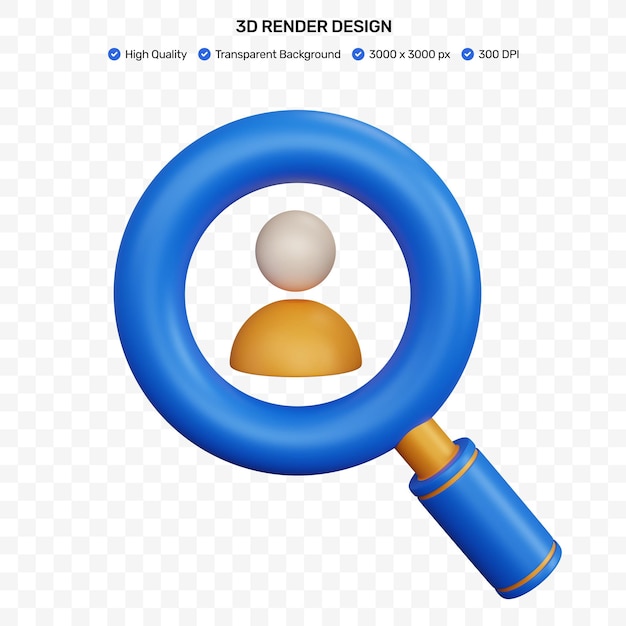 3d rendering blue magnifying glass with icon profile user isolated
