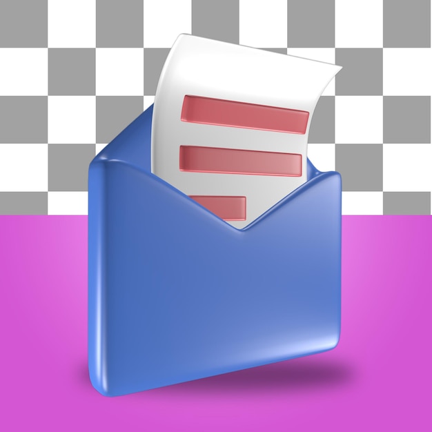 3d rendering of blue mail envelope letter icon object with a sheet of financial accounting paper