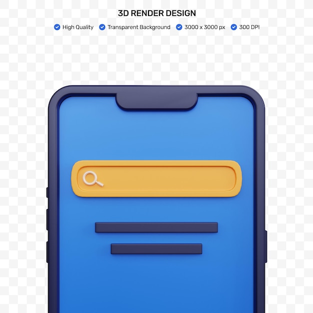 3d rendering blue mobile with search field isolated