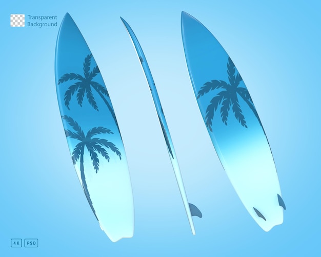 PSD 3d rendering blue palm surfboard front side and back view