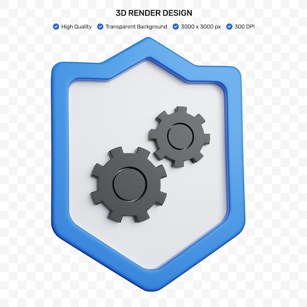 3d rendering blue shield with icon black settings isolated