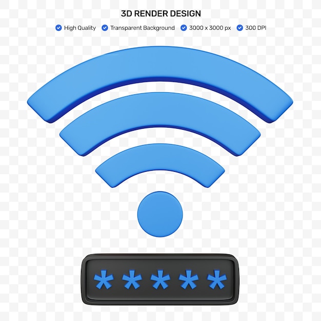 PSD 3d rendering wifi blu con campo password isolato