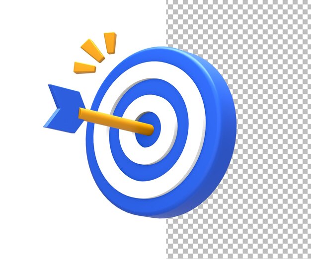 Rendering 3d di obiettivo o obiettivo di raggiungimento blu-giallo con freccia bullseye per il design ui ux