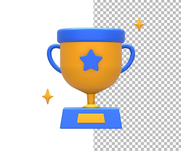 PSD rendering 3d della coppa del trofeo del vincitore del campione blu giallo per ui ux web mobile apps social media