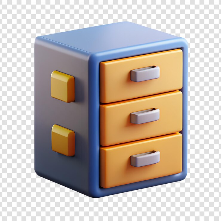 PSD 3d rendering of a blue and yellow office cabinet with three drawers