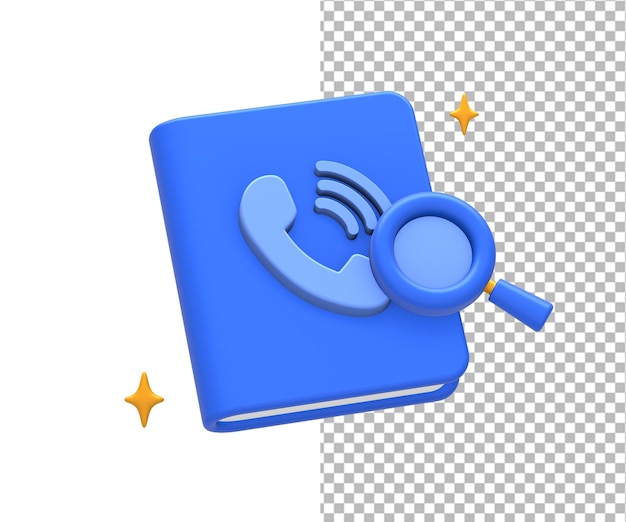 PSD rendering 3d delle informazioni di contatto dell'elenco telefonico giallo-blu con lente d'ingrandimento per il design dell'interfaccia utente