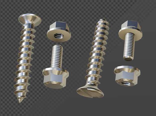 PSD 3d rendering bolt nut and screw perspective view