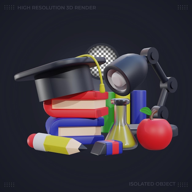 3d rendering book and graduation hat illustration